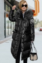 Winter Casual Black Long Puffer Jeacket with Fur Collar