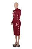 Fall Sexy Red Hollow Out High Neck Long Sleeve Long Dress
