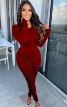 Fall Sexy Red Solid Round Neck Ruffles Long Sleeve Top And Stacked Pant Set