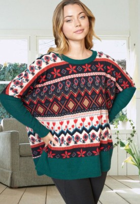 Winter Christmas Jacquard Long Sleeve Round Neck Slit Loose Sweater