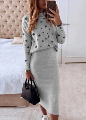 Fall Casual Star Printed Gray Long Sleeve Loose Blouse and Long Pencil Skirt Set