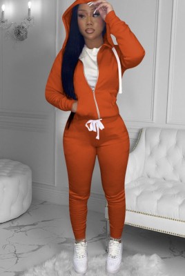 Fall Casaul Orange Solid Hoodies And Pant Tracksuit