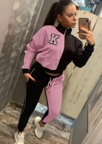 Winter Letter Printed Pink Contrast turtleneck Sports Jogging Two Piece Tracksuits