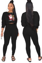 Christams Casaul Black Print Long Sleeve And Pant Two Piece Set