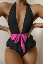 Summer Sexy Black Contrast Belted Ruffles Bodysuit Swimwear