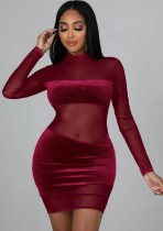 Fall Sexy Red See Through High Neck Long Sleeve Midi Dress
