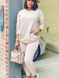Fall Casual Apricot Round Neck Long Sleeve Pocket Two Piece Sweatsuits