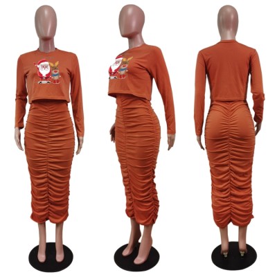Christams Casaul Orange Print Long Sleeve Top And Shrinked Long Dress Set