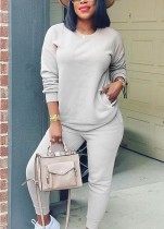 Fall Casual Gray Round Neck Long Sleeve Pocket Two Piece Sweatsuits