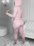 Fall Casaul Pink Solid Hoodies And Pant Tracksuit