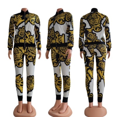 Winter Fashion Retro Print Long Sleeve Zipper Jacket And Pant Two Piece Set