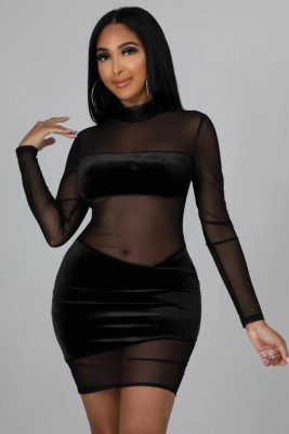 Fall Sexy Black See Through High Neck Long Sleeve Midi Dress