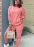 Fall Casual Pink Round Neck Long Sleeve Pocket Two Piece Sweatsuits