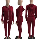 Fall Casaul Dk-Red Solid Hoodies And Pant Tracksuit