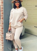 Fall Casual Apricot Round Neck Long Sleeve Pocket Two Piece Sweatsuits