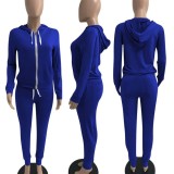 Fall Casaul Blue Solid Hoodies And Pant Tracksuit