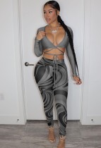 Fall Sexy Gray Wrap Tied Long Sleeve Crop Top and Printed Tight Pants Set