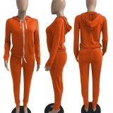 Fall Casaul Orange Solid Hoodies And Pant Tracksuit