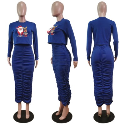 Christams Casaul Blue Print Long Sleeve Top And Shrinked Long Dress Set