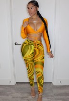 Fall Sexy Yellow Wrap Tied Long Sleeve Crop Top and Printed Tight Pants Set