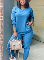 Fall Casual Blue Round Neck Long Sleeve Pocket Two Piece Sweatsuits