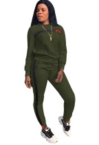 Fall Casual Green Contrast Round Neck Long Sleeve Jogger Two Piece Sweatsuits