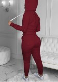Fall Casaul Dk-Red Solid Hoodies And Pant Tracksuit