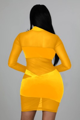 Fall Sexy Yellow See Through High Neck Long Sleeve Midi Dress