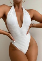 Sexy White Ribbed V Neck Bodysuit Swimwear