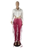 Fall Sexy White Long Sleeve Crop Top And Tassels Bandage Trouser Set
