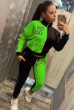 Winter Letter Printed Green Contrast turtleneck Sports Jogging Two Piece Tracksuits