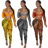 Fall Sexy Yellow Wrap Tied Long Sleeve Crop Top and Printed Tight Pants Set