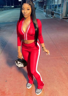Fall Sexy Red Contrast Zipper Crop Two Piece Tracksuit