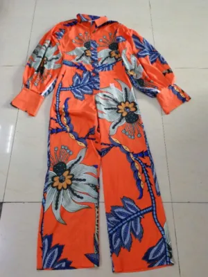 Fall Fashion Print Turn Down Collar Wide Long Sleeves Loose Jumpsuit