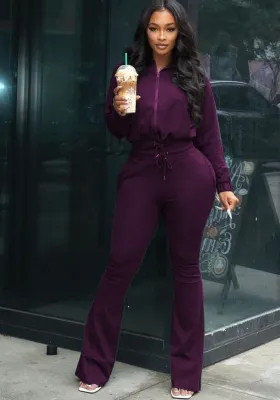 Fall Casual Purple Zipper Sports Two Piece Tracksuit