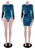 Fall Sexy Blue Velvet Ruched Tight Top and Split Mini Skirt Set