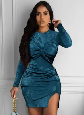 Fall Sexy Blue Velvet Ruched Tight Top and Split Mini Skirt Set