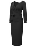 Fall Elegant Black V-Neck Puff Sleeve Slim Pencil Dress