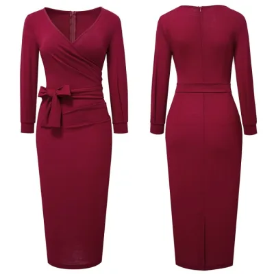 Fall Elegant Red V-Neck Puff Sleeve Slim Pencil Dress