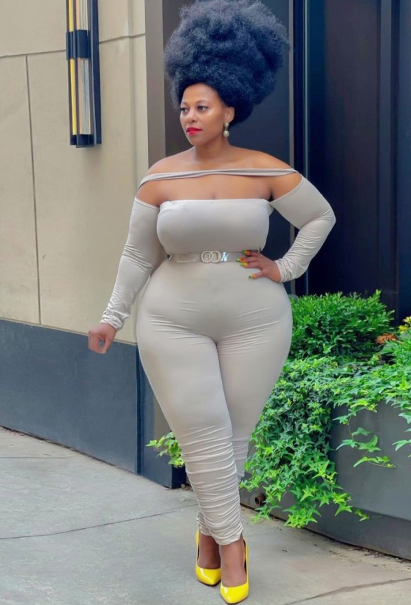 Fall Plus Size Grey Off Shoulder One Line Long Sleeve Jumpsuit