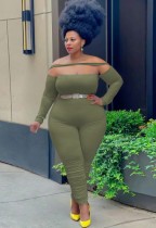 Fall Plus Size Green Off Shoulder One Line Long Sleeve Jumpsuit