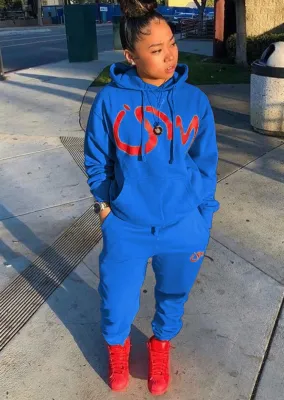 Fall Trendy Printed Blue Long Sleeve Hoodies and Sweatpants Set