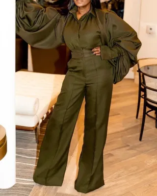 Fall Fashion Green Turn Down Collar Wide Long Sleeves Loose Jumpsuit