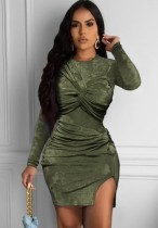 Fall Sexy Green Velvet Ruched Tight Top and Split Mini Skirt Set