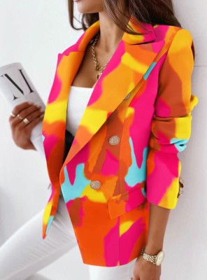 Winter Multicolor Print Knit Turndown Collar Blazer Coat