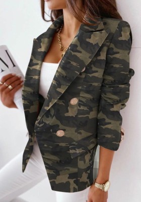 Winter Camo Print Knit Turndown Collar Blazer Coat