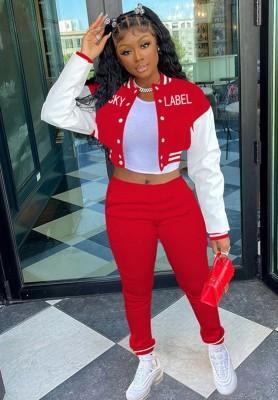 Winter Letter Print Red Button Up Tracksuit