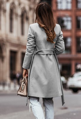 Winter Grey Turndown Collar Elegant Long Coat with Matching Belt
