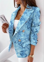 Winter Floral Print Knit Turndown Collar Blazer Coat