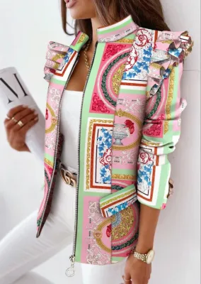 Autumn Retro Print Zip Up Regular Jacket